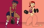1girl 2_girls 2d african_female biting_lip booty_shorts dark-skinned_female dark_skin earrings flower kjdnsfw lipstick looking_at_viewer multiple_girls see-through shoes socks sports_bra squatting stephanie_(tdi) the_ridonculous_race total_drama:_revenge_of_the_island total_drama_island weightlifting weights white_skin yoga_pants zoey_(tdi)