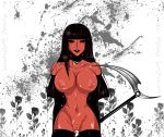 1girl black_eyes black_hair black_sclera breasts dark_vanessa dark_vanessa_(artist) hime_cut large_breasts long_hair nipples no_pupils nude original pussy red_skin scythe uncensored weapon