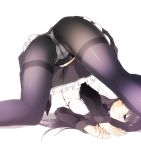 1girl abe_ranzu akemi_homura ass black_hair black_legwear hairband long_hair looking_through_legs mahou_shoujo_madoka_magica panties panties_under_pantyhose pantyhose pantyshot purple_eyes skirt solo thighband_pantyhose thighs top-down_bottom-up underwear upskirt white_panties wince