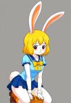 1girl 1girl ai_generated blonde_hair blush brown_eyes bunny_girl carrot_(one_piece) female_focus looking_at_viewer miniskirt one_piece peeing short_hair simple_background white_fur