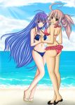 2_girls althea artemisumi atlus beach bikini breasts female female_only full_body hair hand_holding interlocked_fingers looking_at_viewer looking_back luminous_arc_2 luna_(luminous_arc) multiple_girls mutual_yuri swimsuit very_long_hair yuri