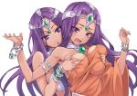  2girls :o bare_shoulders big_breasts bracelet breast_grab breasts chunsoft circlet dark_skin deep_skin dragon_quest dragon_quest_iv enix grabbing hair huge_breasts incest jewelry large_breasts long_hair lots_of_jewelry manya matsuryuu minea multiple_girls no_bra open_mouth purple_eyes purple_hair siblings sisters tears tiara twins white_background yuri 