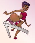 1girl african_female anus ass clothes_stuck_on_object earring enf fence huge_ass issue_69 purple_hair pussy red_shirt stephanie_(tdi) the_ridonculous_race torn_clothes torn_clothing total_drama_island track_pants wide_hips