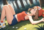1girl 1girl ai_generated haruka_(pokemon) haruka_(pokemon)_(remake) may may_(pokemon) on_back sexy sexy_legs sexy_pose