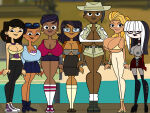 1girl accurate_art_style black_eyes black_hair blonde_hair boots bra bracelet breasts cartoon_network cootercheck crimson_(tdi) dark-skinned_female dark_skin earrings ellody_(tdi) eyewear_on_head feather_earrings fishnet_legwear fishnets glasses goth goth_girl jacket jasmine_(tdi) jen_(tdi) kelly_(tdi) light-skinned_female light_skin lineup milf milf necklace nerd nerdy_female safari_hat sky_(tdi) standing staring staring_at_viewer stephanie_(tdi) sunglasses sunglasses_on_head the_ridonculous_race tight_clothing total_drama:_pahkitew_island total_drama_island white_hair