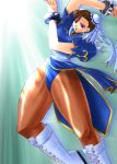 arm_up blue_eyes boots bracelet bracelets breasts brown_hair bun_cover capcom china_dress chinadress chinese_clothes chun-li digital_tambourine double_bun double_buns dress earrings hair_buns high_res highres hiiaru jewelry legs open_mouth pantyhose solo spiked_bracelet spiked_bracelets spikes stockings street_fighter thighhighs thighs