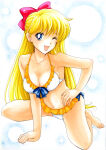 1girl 1girl adult_swim alluring bikini bishoujo_senshi_sailor_moon bishoujo_senshi_sailor_moon_r bishoujo_senshi_sailor_moon_r_the_movie bishoujo_senshi_sailor_moon_s bishoujo_senshi_sailor_moon_s_the_movie bishoujo_senshi_sailor_moon_supers bishoujo_senshi_sailor_moon_supers_the_movie blonde_hair blue_eyes blush bow cleavage collarbone frilled_bikini frills hair_bow hair_ornament hand_on_own_hip high_res long_hair looking_at_viewer medium_breasts minako_aino nikenikeathena one_eye_closed open_mouth sitting smile swimsuit toei_animation toonami traditional_media wariza wink