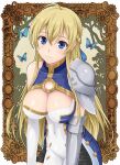 1girl ahoge armor armored_dress arms_at_sides bare_shoulders big_breasts blonde_female blonde_hair blue_dress blue_eyes blue_ribbon blush braid breasts bug butterfly cleavage cleavage_cutout closed_mouth clothing_cutout covered_navel dress elbow_gloves eyebrows_visible_through_hair female_only female_solo gloves hair_between_eyes hair_ribbon half_updo head_tilt insect jeanne_kaguya_d'arc long_hair looking_at_viewer multicolored_clothes multicolored_dress neck nobunaga_the_fool pasya-pasya ribbon shoulder_armor single_glove sleeveless sleeveless_dress smile straight_hair tied_hair two-tone_dress very_long_hair white_dress white_gloves
