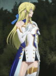 1girl anime arm_at_side armor armored_dress big_breasts blonde_female blonde_hair blue_dress blue_eyes breasts cleavage cleavage_cutout clothing_cutout dress eyebrows_visible_through_hair female_only female_solo hand_up jeanne_kaguya_d'arc long_dress long_hair looking_to_the_side multicolored_clothes multicolored_dress neck nobunaga_the_fool open_mouth screencap serious sidelocks standing straight_hair two-tone_dress white_dress