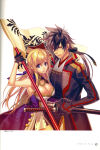 1boy 1girl angry arm_up armpits big_breasts black_hair black_jacket black_ribbon blonde_female blonde_hair blue_dress blue_eyes blue_ribbon breasts cleavage cleavage_cutout closed_mouth clothing_cutout couple dress duo eyebrows_visible_through_hair eyes_visible_through_hair flag grey_hair hair_between_eyes hair_ribbon half-closed_eyes hetero jacket jeanne_kaguya_d'arc katana kazuki_yone kazuki_yone_(artist) lips long_dress long_hair long_sleeves looking_at_viewer low_ponytail multicolored_clothes multicolored_dress multicolored_hair nobunaga_the_fool oda_nobunaga_(nobunaga_the_fool) parted_lips ponytail red_eyes ribbon serious sheath sheathed sidelocks sleeveless sleeveless_shirt standing straight_hair sword tied_hair two-tone_dress two-tone_hair two_tone_hair white_dress