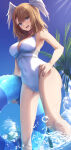 1girl 1girl absurd_res big_breasts blue_eyes blue_innertube blue_sky brown_hair casual_one-piece_swimsuit cloud commentary_request eunie_(xenoblade) feet_out_of_frame head_wings high_res looking_at_viewer medium_breasts one-piece_bikini palm_tree sakunaru sky smile swimsuit tree water white_one-piece_bikini white_wings wings xenoblade_(series) xenoblade_chronicles_3