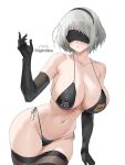 1girl big_breasts bikini blindfold bubble_butt cleavage horny igiroitsu inviting_to_sex nier nier:_automata nier_(series) pose standing stockings swimsuit teasing thick_thighs white_hair yorha_no._2_type_b