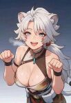 1boy 1girl ai_generated breasts gender_bender genderswap grey_hair lingyang_(wuthering_waves) lion lion_ears lion_girl open_mouth smile wuthering_waves