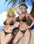 1girl 2_girls alternate_costume beach big_breasts bikini blonde_hair blue_eyes camouflage camouflage_bikini cleavage cloud cloudy_sky commission echidna_(fire_emblem) fire_emblem fire_emblem:_the_binding_blade fire_emblem:_the_sacred_stones hand_on_own_head hand_on_own_hip intelligent_systems looking_to_the_side multiple_girls navel outside oyatsu_0 selena_(fire_emblem:_the_sacred_stones) sideboob skeb_commission sky smile swimsuit thighs under_boob