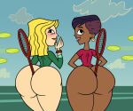 1girl ass blonde_hair blush blush bracelet carrie_(tdi) cloud dark-skinned_female dark_skin elinor_the_witch ellissummer gigantic_ass green_clothing hornyhobbit huge_ass huge_ass light-skinned_female light_skin looking_back mother-of-trolls object_insertion red_clothing red_hair short_hair sky stephanie_(tdi) tennis_ball tennis_racket the_ridonculous_race thick_thighs total_drama_island wavy_hair wide_hips