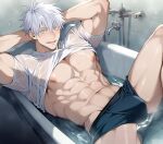 1boy abs ai_generated bathtub blue_eyes boxer_briefs boxers boxers_(clothing) erection_in_boxers jujutsu_kaisen looking_at_viewer male male_nipples male_only muscular muscular_male nipples satoru_gojo shirt_lift solo_male translucent_clothing wet_clothes