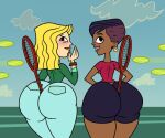 1girl 2_girls ass back_view between_ass big_ass big_ass blonde_hair blush blush carrie_(tdi) cartoon_network clothed clothing dark-skinned_female dark_skin elinor_the_witch ellissummer fat_ass fully_clothed holding_object_between_buttocks hornyhobbit huge_ass huge_ass jeans large_ass large_butt light-skinned_female light_skin looking_at_viewer looking_back looking_back_at_viewer mother-of-trolls short_hair shorts stephanie_(tdi) tennis_ball tennis_court tennis_racket the_ridonculous_race thick_ass thick_thighs total_drama_island wide_hips