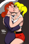 2_girls bare_arms bare_legs bare_shoulders batman:_the_animated_series batman_(series) belt black_background black_belt blonde_female blonde_hair breast_press breasts brown_hair character_name cleavage closed_eyes collarbone collared_shirt couple dc_comics dcau duo earrings female/female female_only harleen_quinzel harley_quinn harley_quinn_(classic) hat headwear hugging jewelry kaywest kissing legs lips lipstick long_hair long_sleeves love makeup medium_breasts midriff multiple_girls mutual_yuri nail_polish neck red_lipstick red_nails red_shorts romantic romantic_couple shirt short_hair short_shorts shorts simple_background sleeveless sleeveless_shirt standing supervillainess the_adventures_of_batman_and_robin thighs tied_hair twin_tails veronica_vreeland villainess white_hat white_headwear white_shirt yuri
