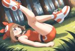 ai_generated haruka_(pokemon) haruka_(pokemon)_(remake) may may_(pokemon) on_back sexy sexy_legs sexy_pose
