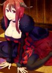 1girl all_fours argyle black_legwear breasts choker cleavage colored_eyelashes dress fur_trim horns long_hair long_sleeves maou_(maoyuu) maoyuu_maou_yuusha pantyhose red_dress red_eyes red_hair sad solo striped tears vertical_stripes yanagi_akira