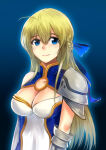 1girl armor armored_dress arms_at_sides big_breasts blonde_female blonde_hair blue_background blue_dress blue_eyes blue_ribbon breasts cleavage cleavage_cutout closed_mouth clothing_cutout dress eyebrows_visible_through_hair eyes_visible_through_hair female_only female_solo gradient gradient_background hair_between_eyes hair_ribbon jeanne_kaguya_d'arc long_dress long_hair looking_at_viewer multicolored_clothes multicolored_dress neck nobunaga_the_fool ribbon sidelocks smile straight_hair swordwaltz swordwaltz_(artist) two-tone_dress upper_body white_dress