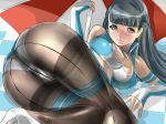 1girl ass bare_shoulders black_eyes black_hair black_legwear blush breasts chousoku_henkei_gyrozetter curvy detached_sleeves dodai_shouji high_heels high_res long_hair mizuki_yuika nipple_slip nipples panties panties_under_pantyhose pantyhose race_queen sheer_legwear shoes solo underwear white_panties