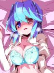 1girl blue_bra blue_hair blush bra breasts female hazumi_miruku heavy_breathing heterochromia long_sleeves lying miuku_(marine_sapphire) on_back open_clothes parted_lips red_eyes short_hair solo tatara_kogasa touhou underwear