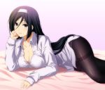  1girl bed_sheet black_hair black_legwear blue_eyes breasts cleavage clenched_hand hairband hand_on_own_cheek hyouka irisu_fuyumi long_hair lying on_side panties panties_under_pantyhose pantyhose shian_(my_lonly_life.) shirt simple_background smile solo thighband_pantyhose underwear white_shirt 