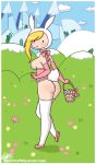 2013 adventure_time animal_ears animal_tail ass bottomless bubble_butt bunny_ears bunny_tail egg fionna_the_human looking_back shiny shiny_skin solo stockings topless