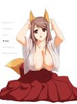 1girl animal_ears areola areola_slip areolae arms_up breasts brown_eyes brown_hair cleavage female fox_ears fox_tail huge_breasts long_hair maou_(maoyuu) maoyuu_maou_yuusha mnjs open_mouth tail