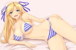 1girl aqua_eyes big_breasts bikini blonde_hair breasts fang hair_ribbon katsuragi_(senran_kagura) long_hair lying on_side panties ribbon senran_kagura shuugetsu_karasu side-tie_bikini smile solo striped striped_panties swimsuit underwear