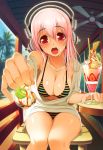 1girl bikini bird breasts cleavage feeding food fruit headphones jewelry kiwi large_breasts macaron necklace nitroplus parfait pink_hair red_eyes solo strawberry super_sonico swimsuit tsuji_santa