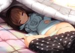 1girl :> blanket brown_eyes brown_hair burakyan lying on_side original panties pants short_hair smile solo star_print sweater underwear white_panties