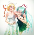 2_girls angry aqua_eyes aqua_hair biting blonde_hair breasts dress fang hair_ornament miku_hatsune high_res kagamine_rin long_hair multiple_girls nail_polish open_mouth purple_eyes shiny shiny_skin sundress twin_tails vocaloid wokada