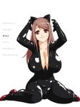 1girl animal_ears arms_up bodysuit breasts brown_eyes brown_hair cat_ears cleavage female gloves huge_breasts latex latex_suit long_hair maou_(maoyuu) maoyuu_maou_yuusha mnjs ribbon smile