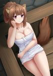  1girl :t animal_ears bangs blush breasts brown_hair chest_tattoo cleavage kazenokaze large_breasts long_hair naked_towel pink_eyes ponytail pout pouting raccoon_ears raccoon_girl raccoon_tail raphtalia sitting tail tate_no_yuusha_no_nariagari tattoo thighs towel wet 