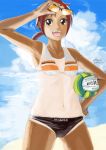 1girl :d bad_id ball beach bikini brown_eyes cloud dated flat_chest hand_on_hip hino_akane hino_akane_(smile_precure!) looking_at_viewer navel o-l-district ocean one-piece_tan open_mouth outdoors ponytail precure red_eyes red_hair short_hair signature skindentation sky small_breasts smile smile_precure! solo standing sunglasses swimsuit tan tan_line tanline thigh_gap volleyball water