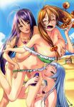  :&lt; ahoge beach bikini black_hair blonde_hair blood blue_eyes blue_hair breast_grab breasts chouun_shiryuu closed_eyes food glasses green_eyes high_res huge_breasts ikkitousen ikkitousen_great_guardians kan&#039;u_unchou long_hair lotion nosebleed nude oshare_kyoushitsu panties panty_pull ryuubi_gentoku shokatsuryou_koumei sunscreen surprised swimsuit underwear wink yuri 