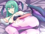  1girl ass bare_shoulders bat_print bat_wings big_breasts breasts bridal_gauntlets capcom demon_girl elbow_gloves gloves green_eyes green_hair head_wings large_breasts leotard long_hair lying morrigan_aensland pantyhose patterned_legwear print_legwear print_pantyhose r_cross solo succubus tongue tongue_out vampire_(game) wings 