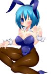 1girl absurd_res animal_ears blue_eyes blue_hair breasts brown_legwear bunny_ears bunnysuit high_heels high_res https_w_(artist) leotard lips mahou_shoujo_madoka_magica miki_sayaka pantyhose shoes short_hair smile wink