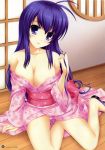 1girl blush breasts cleavage high_res ikkitousen ikkitousen_great_guardians japanese_clothes kan'u_unchou kimono long_hair mizuhara_yuu no_bra open_clothes open_kimono open_robe panties pantyshot purple_eyes purple_hair sitting smile underwear white_panties