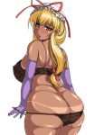  1girl ass astraea13 bikini_tan black_bra black_panties blonde_hair bonnet bra breasts butt_crack elbow_gloves female gloves high_res highres huge_ass huge_breasts long_hair looking_at_viewer looking_back panties panty_pull plump purple_eyes purple_gloves simple_background skindentation sweatdrop tan tan_line tanline touhou underwear underwear_only white_background yakumo_yukari 