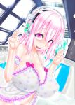 1girl bare_shoulders blush breasts female headphones huge_breasts kinbou_sokai konmori_(kinbou_sokai) long_hair nitroplus pink_eyes pink_hair pool rei_no_pool ribbon smile super_sonico v