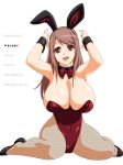 1girl animal_ears arms_up breasts brown_eyes brown_hair bunny_ears bunnysuit cleavage female huge_breasts long_hair maou_(maoyuu) maoyuu_maou_yuusha mnjs ribbon smile