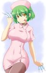  1girl :p alternate_costume big_breasts breasts goriate green_hair hat hikage_(senran_kagura) large_breasts nurse nurse_cap pantyhose senran_kagura senran_kagura_(series) short_hair slit_pupils solo syringe tongue tongue_out yellow_eyes 