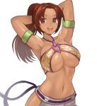 1girl alluring armband armpits arms_behind_head arms_up bangs bare_shoulders big_breasts blush brazilian breasts brown_eyes brown_hair christie_monteiro cleavage collarbone halter_top halterneck high_res long_hair looking_at_viewer namco navel open_mouth parted_bangs ponytail simple_background smile sookmo tekken tekken_5 tekken_5_dark_resurrection tekken_tag_tournament_2 under_boob white_background