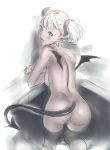 1girl :d ass black_eyes blush breasts demon_girl demon_tail demon_wings from_behind horns kneel kneeling looking_at_viewer looking_back nishieda nude open_mouth original partially_submerged pointy_ears short_hair short_twintails smile solo succubus tail twin_tails twintails water wings