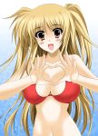  1girl big_breasts bikini bikini_top blonde_hair blush breasts cleavage fate_testarossa heart heart_hands high_res highres large_breasts long_hair lyrical_nanoha mahou_shoujo_lyrical_nanoha_strikers navel oda_ken&#039;ichi oda_ken'ichi open_mouth red_eyes shiny shiny_skin smile solo swimsuit 