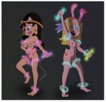 2_girls american_dad bead_necklace body_glitter bunny_ears bunny_tail cat_ears cat_tail dancing earrings feet francine_smith glow_rings glowring glowstick gwen_ling led_eyelashes lipstick public_sex pussy rave starry_background tattoo