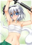 1girl armpits arms_up blue_eyes collarbone female hair_ribbon katana konpaku_youmu konpaku_youmu_(ghost) looking_at_viewer midriff navel no_shirt ribbon roura sarashi sheath silver_hair skirt solo sword touhou unsheathing weapon